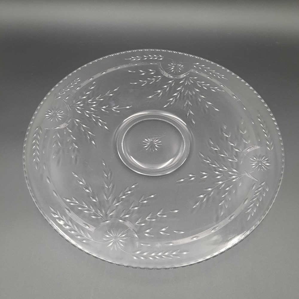 Manganese Glass Cake Stand Pedestal Dessert Display Plate Etched Floral Design